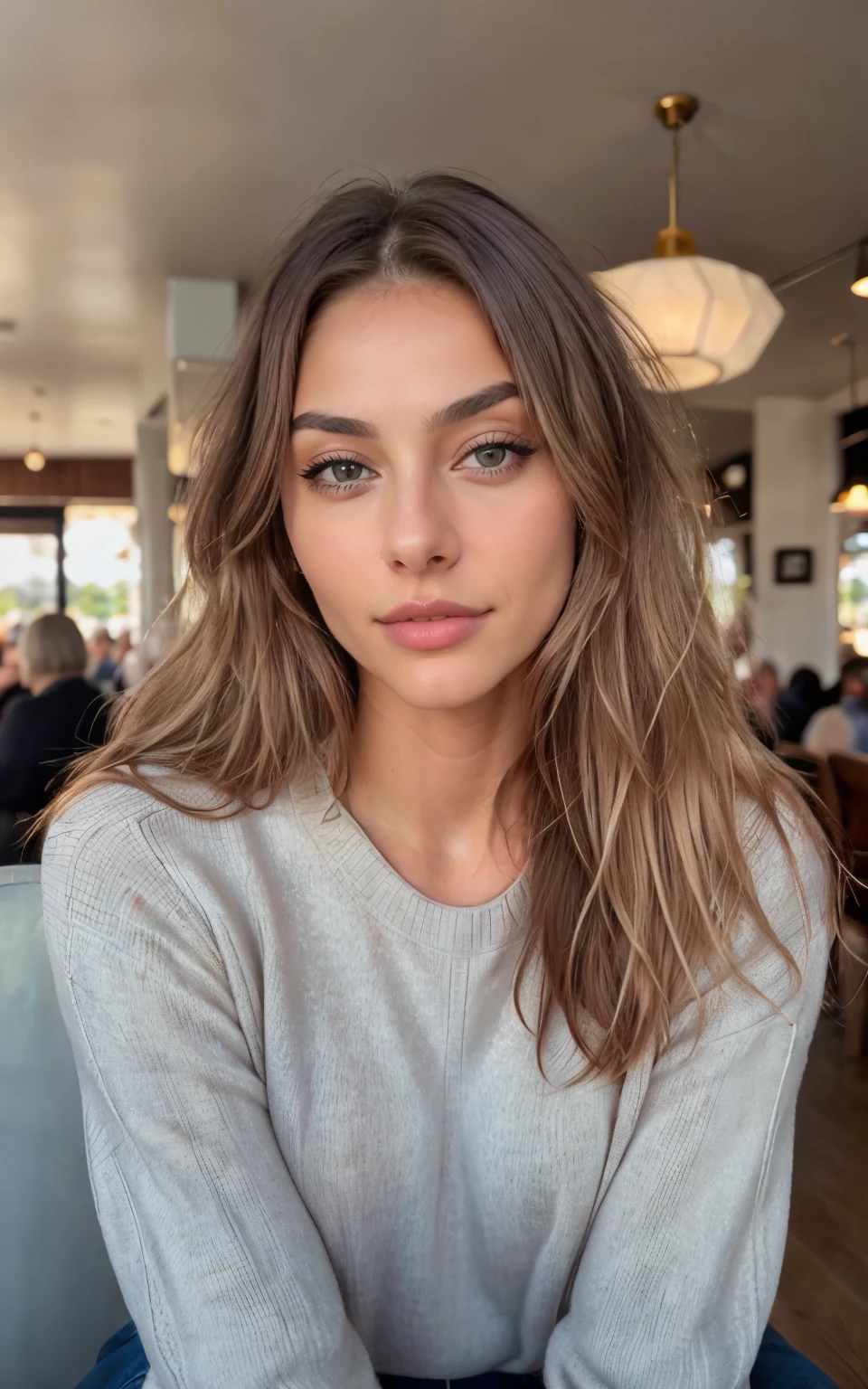 Cute beautiful dark blonde in a yellow sweater "old money style "(Inside a modern cafe at sunset), Very detailed, 21 years, innocent face, long natural wavy dark blonde hair, Blue eyes, high resolution, Masterpiece, Best Quality,intricate details, Very detailed,sharp focus, detailed skin,realist skin texture,texture, detailed eyes, professional, 4k, lovely smile, shot on Canon, 85mm,shallow depth of field,Kodak Vision Color, body in perfect shape, extremely detailed, Photo_\(ultra\), Photorealist, realist, Post processing, maximum detail, roughness, real life, ultra realist, Photorealism, Photography, 8k hd, Photography