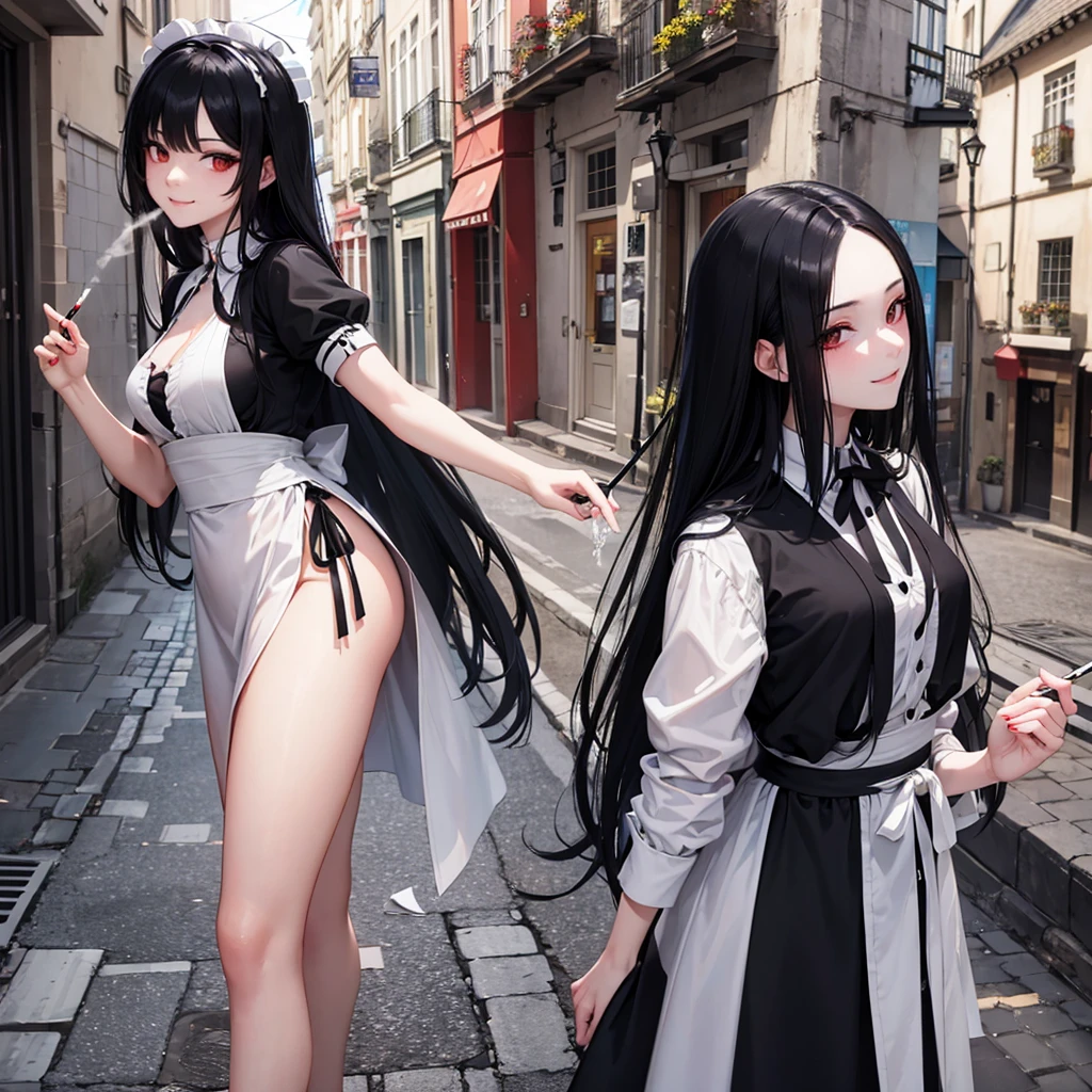 A maid with long black hair smoking a cigarette in a European alleyway turns around with a fearless smile。 (1 female)(Less exposed skin)