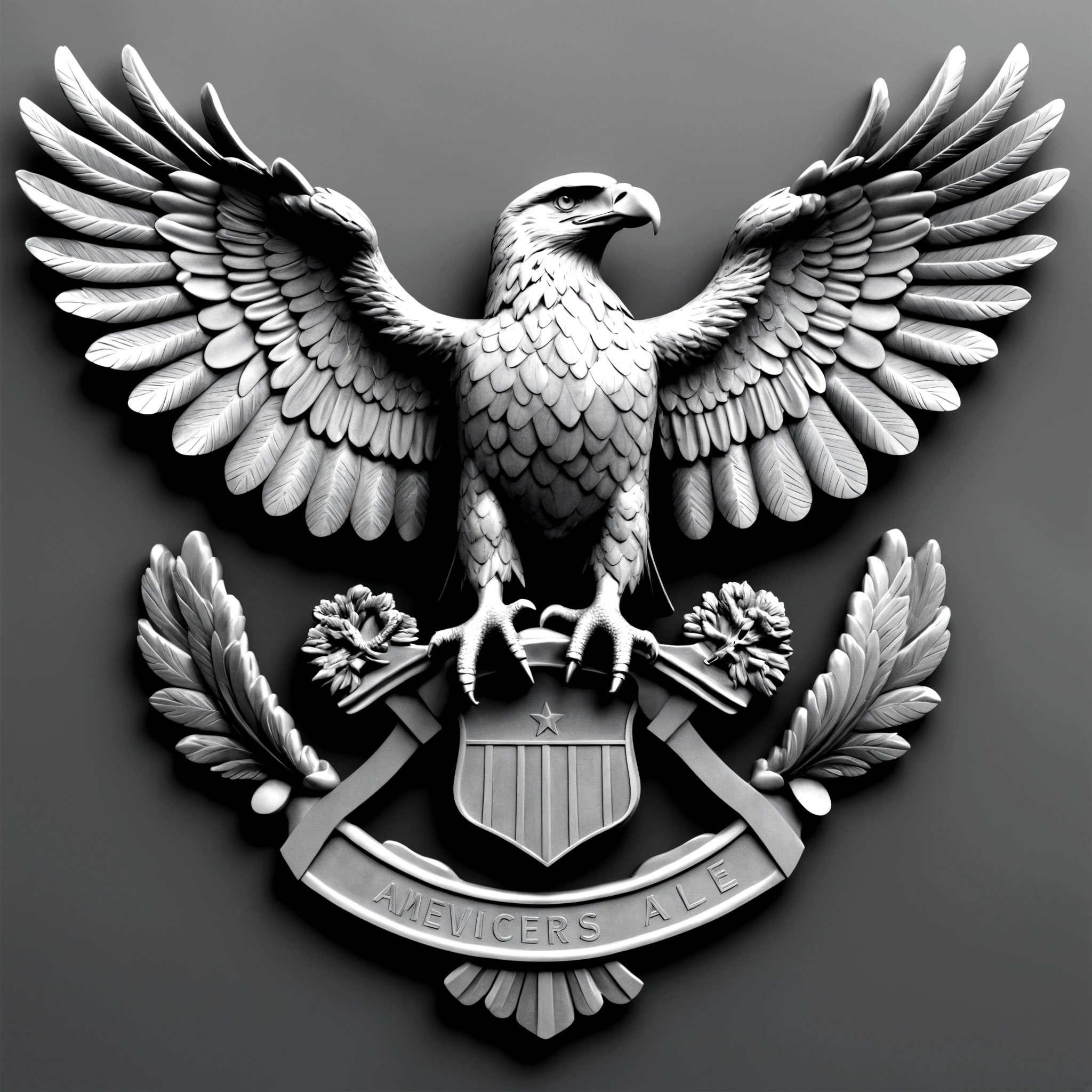 Grayscale 3D relief of a full body american Eagle. detailed scales and textures, high quality, 3D rendering, grayscale, relief art, CNC machine, detailed scales, realistic textures, professional, highres, ultra-detailed