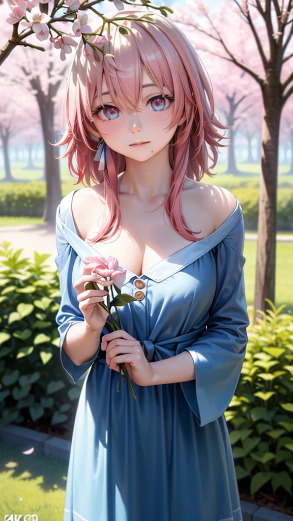 A beautiful anime girl, detailed facial features, long eyelashes, mesmerizing eyes, elegant expression, medium length pink hair, wearing a cute spring dress, holding a flower, standing in a lush garden with blooming cherry blossoms, sunlight filtering through the trees, vibrant colors, soft lighting, intricate background details, (best quality,4k,8k,highres,masterpiece:1.2),ultra-detailed,(realistic,photorealistic,photo-realistic:1.37),detailed painting,digital art,concept art