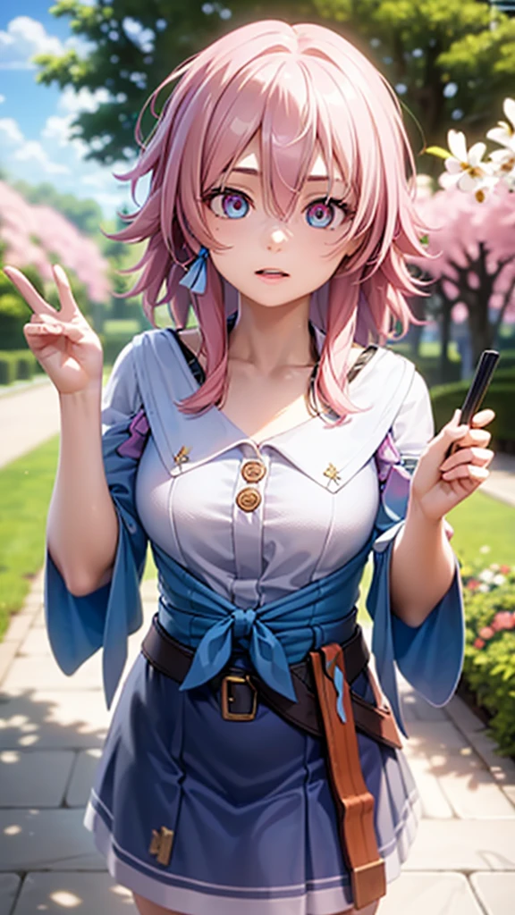 A beautiful anime girl, detailed facial features, long eyelashes, mesmerizing eyes, elegant expression, medium length pink hair, wearing a cute spring dress, holding a flower, standing in a lush garden with blooming cherry blossoms, sunlight filtering through the trees, vibrant colors, soft lighting, intricate background details, (best quality,4k,8k,highres,masterpiece:1.2),ultra-detailed,(realistic,photorealistic,photo-realistic:1.37),detailed painting,digital art,concept art