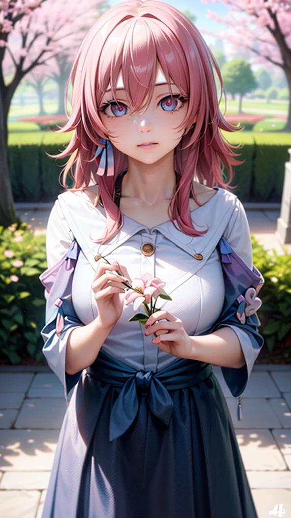 A beautiful anime girl, detailed facial features, long eyelashes, mesmerizing eyes, elegant expression, medium length pink hair, wearing a cute spring dress, holding a flower, standing in a lush garden with blooming cherry blossoms, sunlight filtering through the trees, vibrant colors, soft lighting, intricate background details, (best quality,4k,8k,highres,masterpiece:1.2),ultra-detailed,(realistic,photorealistic,photo-realistic:1.37),detailed painting,digital art,concept art