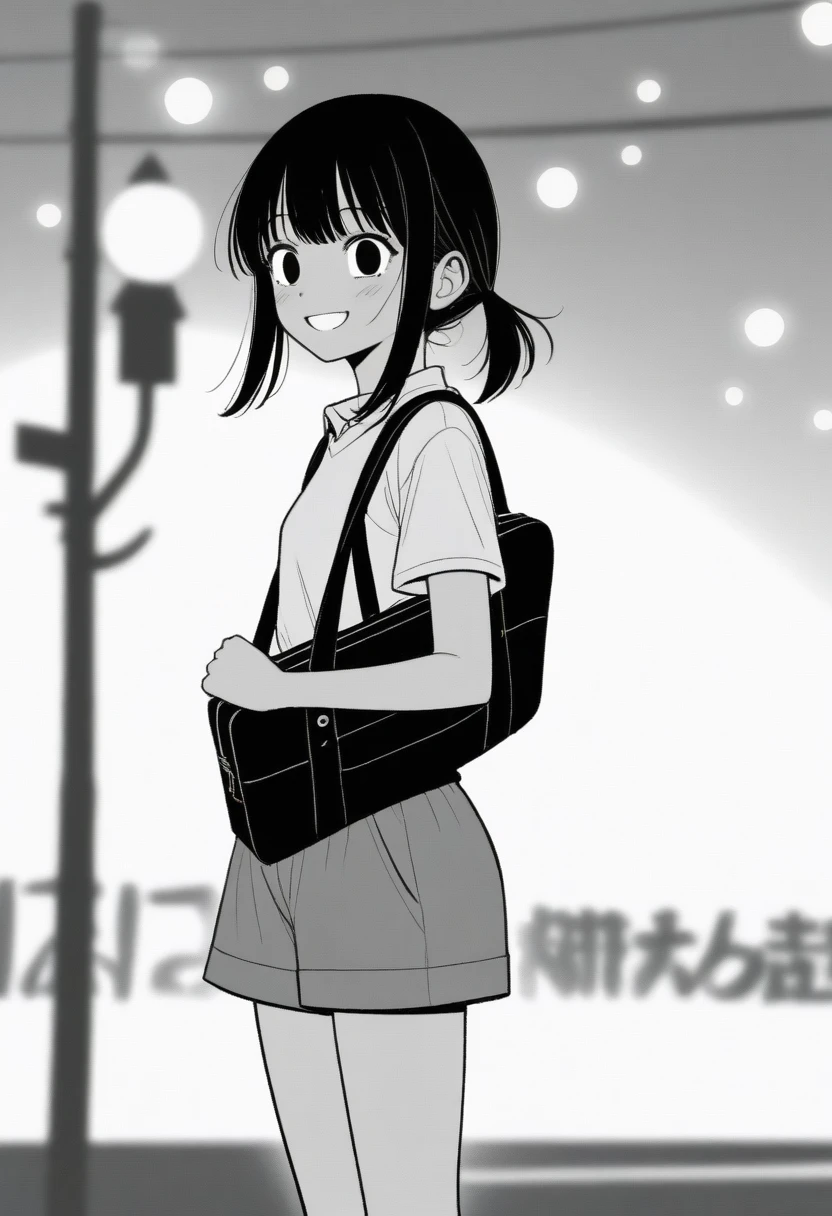 masterpiece, best quality, 1girl, mamerakkkkko, grayscale, manga style, japanese, chi no wadachi, black eyes, street, iced, black hair, schoolbag, smile, lineart, white background, white shirt, grey shorts, centered, 18 years old, tall, fair skinned, bokeh background
