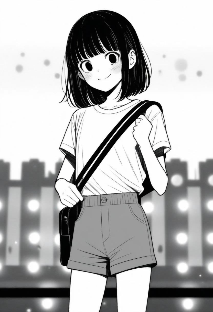 masterpiece, best quality, 1girl, mamerakkkkko, grayscale, manga style, japanese, chi no wadachi, black eyes, street, iced, black hair, schoolbag, smile, lineart, white background, white shirt, grey shorts, centered, 18 years old, tall, fair skinned, bokeh background
