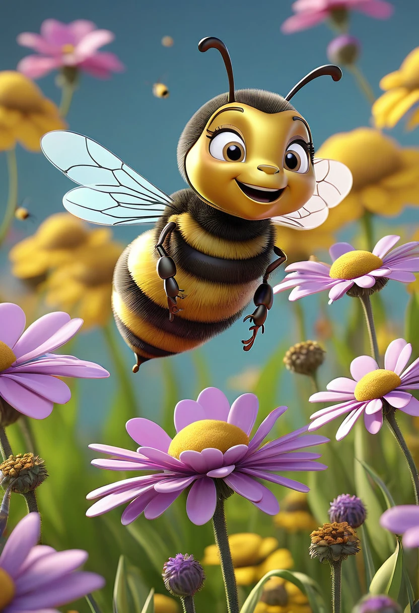 there is a bee flying over a field of flowers with a bee, a 3D render by jeonseok lee, trending on polycount, conceptual art, cute 3 d render, soft 3d render, cute! c4d, stylized as a 3d render, stylized 3d render, adorable digital painting, cute detailed digital art, 3 d bee