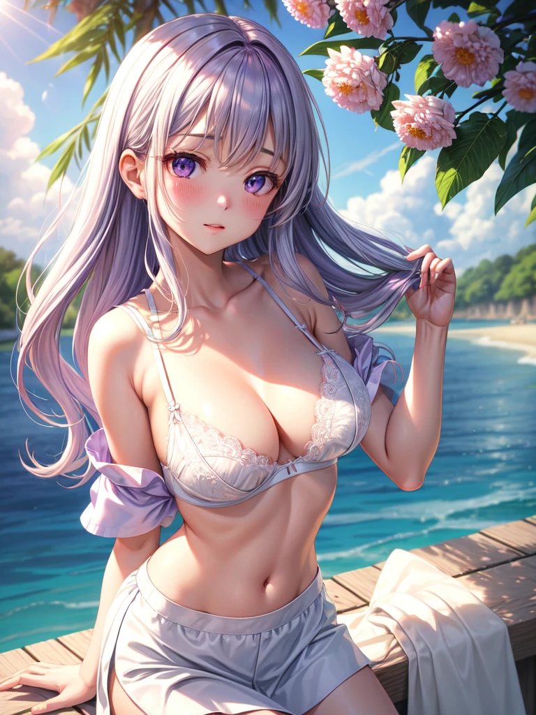 (satin、silk、White bra)、Realist, 1 girl, In white, Purple Eyes, Bright Eyes, Crop top, skirt, Chapped lips, blush, evening, Flores, sun, sunlight,
