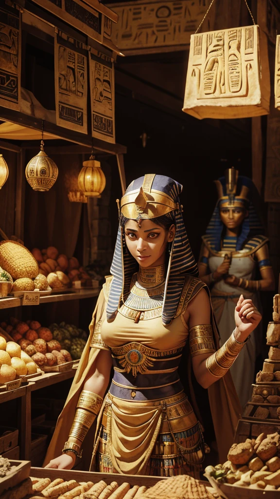 Created high-resolution images of two terrifying mummies in an ancient Egyptian marketplace. The first mummy wore a pharaoh's helmet and had long, sharp teeth and glowing yellow eyes. The second mummy, wrapped in bandages, slightly behind the first mummy, also has bright yellow eyes and an aggressive appearance. Around them were ancient market stalls and people in traditional ancient Egyptian clothes looking scared and surprised. The background depicts a desert village setting with .