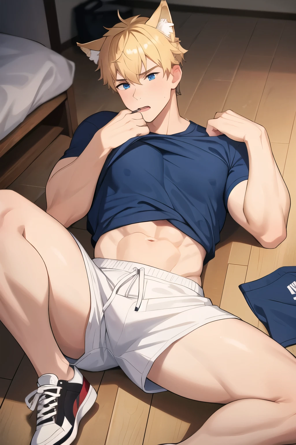 masterpiece, best quality, male focus, 1boy, solo, muscular male, bara, wolf ears, shirt, shirt lift, lifted by self, abs, shorts, sneakers, spread legs, on floor, looking away, blonde hair, blue eyes, short hair