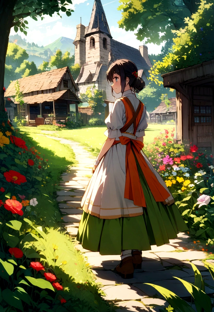 Little camp and Farms with gardens in midieval century. Approaching perfection, Long take shot, Ultra detailed, smooth, 4K resolution. Niji-5