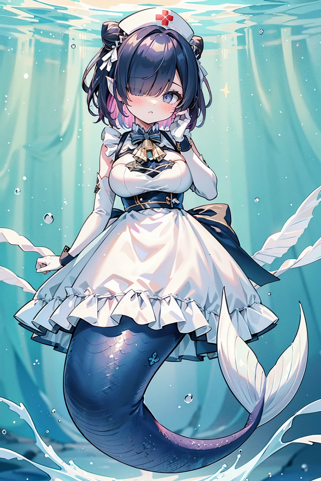 masterpiece, best quality,(perfect five fingers,The best ratio of four fingers and a thumb),A girl,short hair,Hair covers one eye, cone hair bun,Nurse hat,White Dress,White gloves,dress without sleeve,Large Breasts,Hair accessories,Head fin,Mermaid,黑色的Mermaid尾巴,Bangs,full-body shot,seabed,Underwater,Ocean background