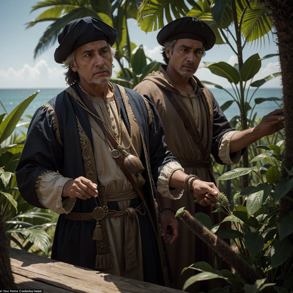 Hyper-realistic action scene in which Christopher Columbus closely examines the flora and fauna of America.. "Adds extremely precise details to plants., animals, and the shocked expression on Columbus's face, 8k, cinematic light, realistic photo, octane rendering, in focus, Masterpiece, 35mm,