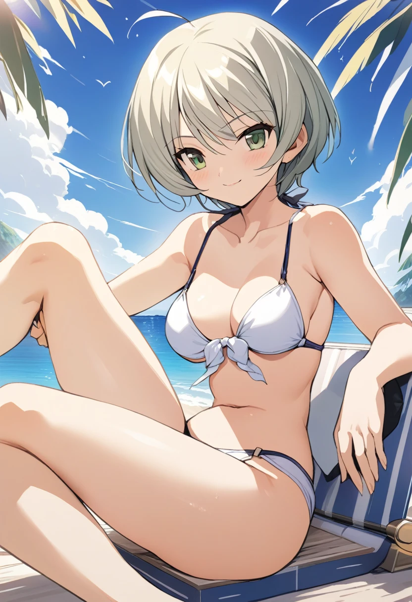 One girl,((Kaoru)),smile、Gentle expression、Tempting、The whole body is shown、Sandy Beach、Ocean、blue sky、Sitting、Leg spread、Cute string bikini,A complete depiction of the human body,masterpiece, Highest quality, Game CG, ultra detailed、highres、extremely detailed CG