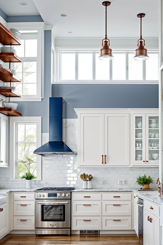Recreate a kitchen with bright white cabinets that reach the ceiling, with some upper cabinets with glass doors. The island could have a dark wood base or a contrasting color, like navy blue, with a white marble countertop. on top of the island, three industrial style pendant lamps. A vintage clock on the wall and some exposed copper utensils.