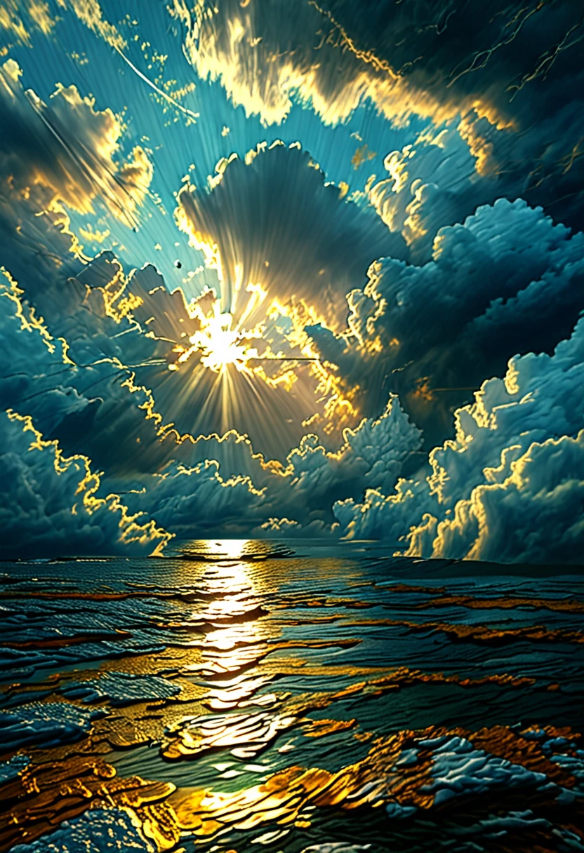 (sun shining above), (dark, threatening clouds below), (realistic), (digital painting), (high resolution), (ultra-detailed), (masterpiece quality),