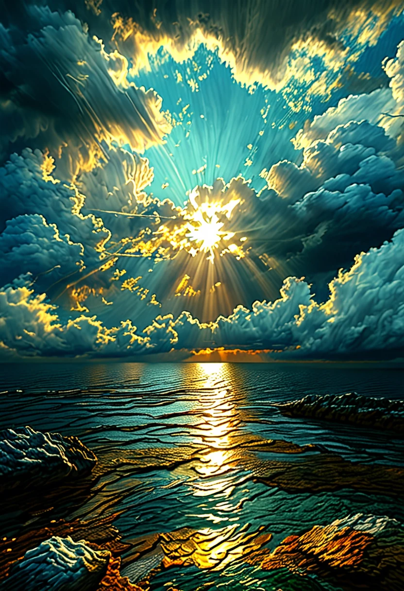 (sun shining above), (dark, threatening clouds below), (realistic), (digital painting), (high resolution), (ultra-detailed), (masterpiece quality),