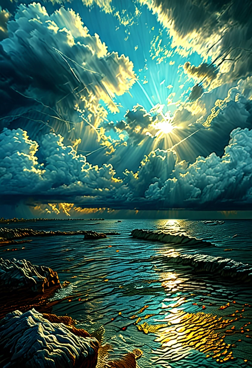 (sun shining above), (dark, threatening clouds below), (realistic), (digital painting), (high resolution), (ultra-detailed), (masterpiece quality),