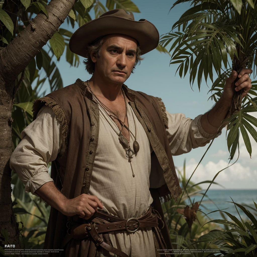 Hyper-realistic action scene in which Christopher Columbus closely examines the flora and fauna of America.. "Adds extremely precise details to plants., animals, and the shocked expression on Columbus's face, 8k, cinematic light, realistic photo, octane rendering, in focus, Masterpiece, 35mm,