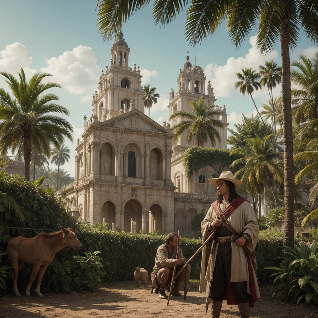 Hyper-realistic action scene in which Christopher Columbus closely examines the flora and fauna of America.. "Adds extremely precise details to plants., animals, and the shocked expression on Columbus&#39;s face, 8k, cinematic light, realistic photo, octane rendering, in focus, Masterpiece, 35mm,