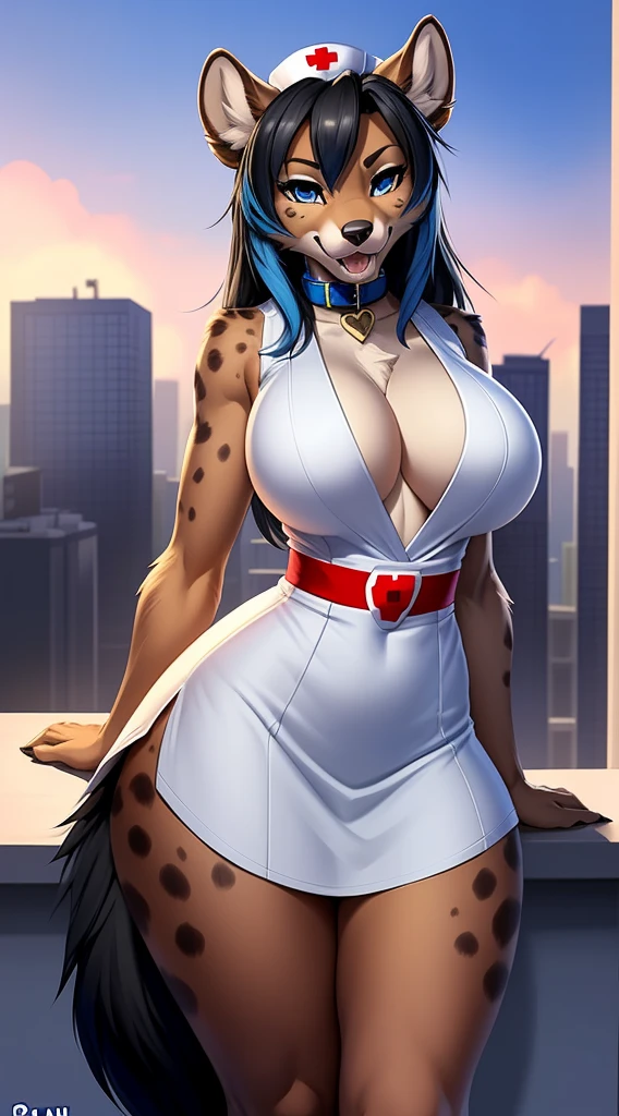 ((((sfw)))), uploaded the e621, beautiful and detailed,woman (((female))) ((anthro)) hyena, Ross Tran, by ruan jia, by zaush, by foxovh, lighting cinematic, seductor, hyena, thighighs, (giant chest), full body view, (anthro, fluffy fur, character focus:1.1), 1girl, anthro dog girl, body fur, solo, giant breasts, (thick thighs:0.3), curvy, focus on giant , big ass sexy ass sexy  invitation, (heart-shaped pupils), sexy, seductive, fall in love girl, nice, cute, naughty face, bedthrom, big aureola sahow , show , Black hair with blue highlights. night looking the raiin . highschool girl, semi-butonned uniform niform, with his shirt soaked from front show giant  (barely_visible_booba) big_, visibile saliva offering the breasts and sex partial clothes (She is standing) ((She is showing her sensuality) ( blue collar.) hottest hot 1st position for sexy blue eyes confortable naughy face anime-style cartoon-style squirrel ears with blue hair and wearing nurse tight dress , digital drawing and colorful city in the background, sexual expression.)mini skirt  (wite_clothes)