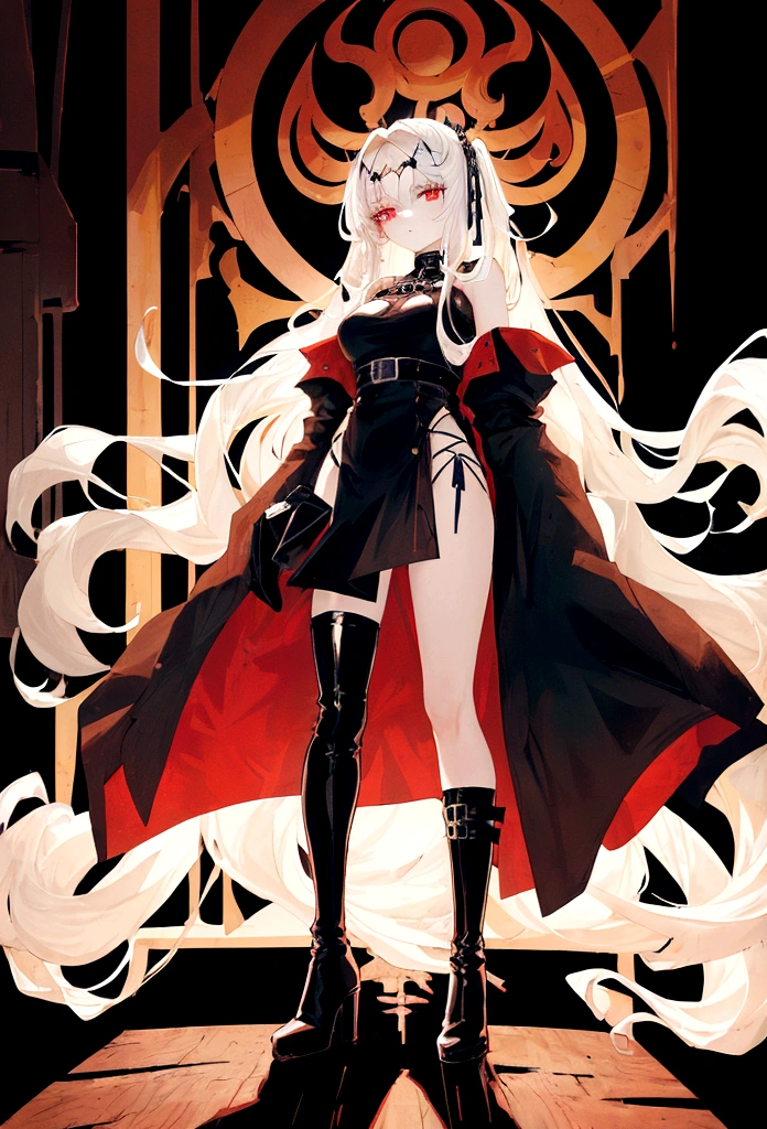 Girl, 20 years old, with long white hair down to below her waist, a serious yet tender expression, and red eyes. Her hair features black streaks. She wears antique-style clothing, a long black dress with a slit on the legs, and high black boots that almost reach her knees. Her power and background are related to shadows and darkness. dark escense, figth stance