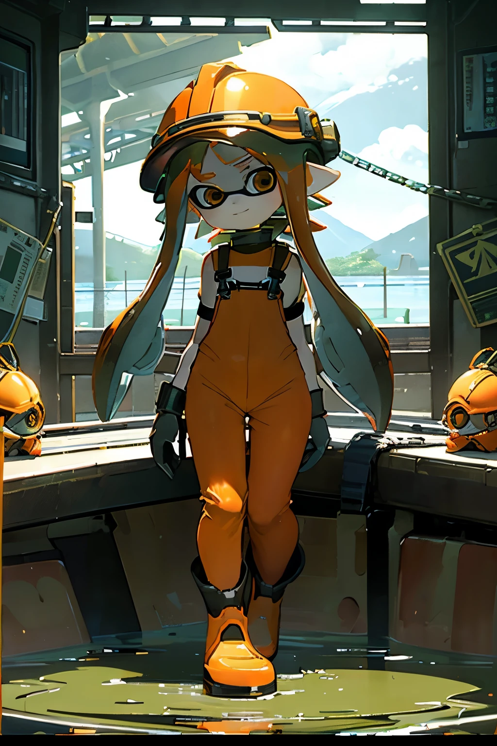 masterpiece、Highest quality、High resolution、Real Anime、3d、(Splatoon girl wearing orange construction work clothes)、((Orange jumpsuit、Orange long overalls、Black safety belt on shoulder、Black harness belt、Green rubber boots、Green rubber gloves、orange helmet))、Dam construction、Standing on water、Waterlogged ground、Golden Eyes、Golden tentacle hair、A slightly thinner face、smile、Daytime、The background is the horizon of the dam、