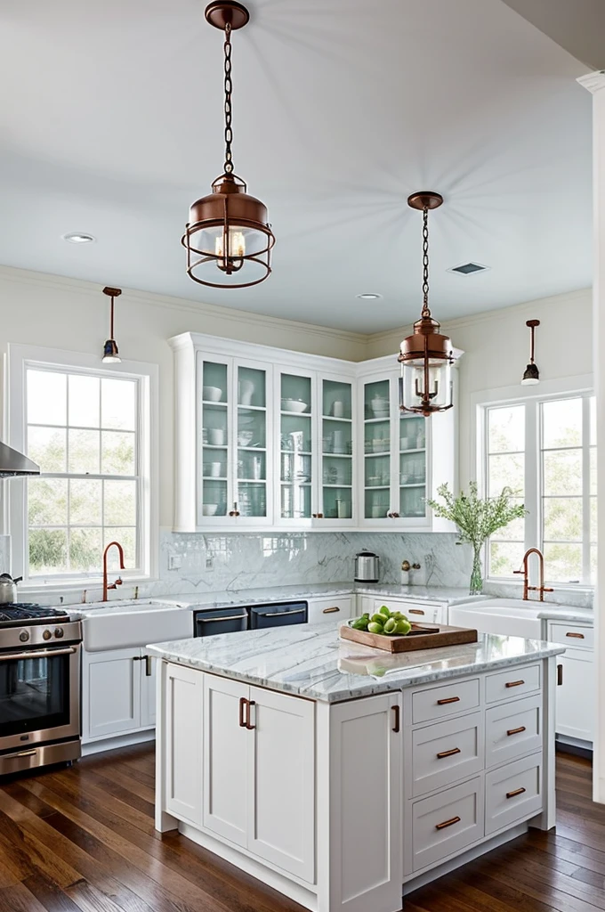 Recreate a kitchen with bright white cabinets that reach the ceiling, with some upper cabinets with glass doors. The island could have a dark wood base or a contrasting color, like navy blue, with a white marble countertop. on top of the island, three industrial style pendant lamps. A vintage clock on the wall and some  copper utensils.