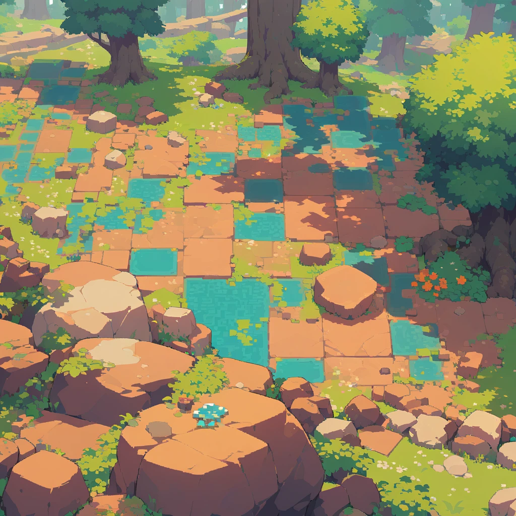 retro video game style,pixelated, vibrant pastel colors,8-bit characters,blocky shapes,sharp lines,detailed shading,classic gaming vibe,nostalgic atmosphere,classic arcade games,masterpiece:1.2,ultra-detailed,illustration style, 2d texture, clay texture, stone texture, 4 k seamless mud texture, video game texture, dirt texture, tileset, game tiles, clay material, flat texture, grass, trees, rock texture, rocky ground, forest, topdown view, game texture, game art, ground very detailed, dirt, floor texture, tileable texture, flowers, bushes, shrubs, intricate ground stone, top down view, 3/4th perspective