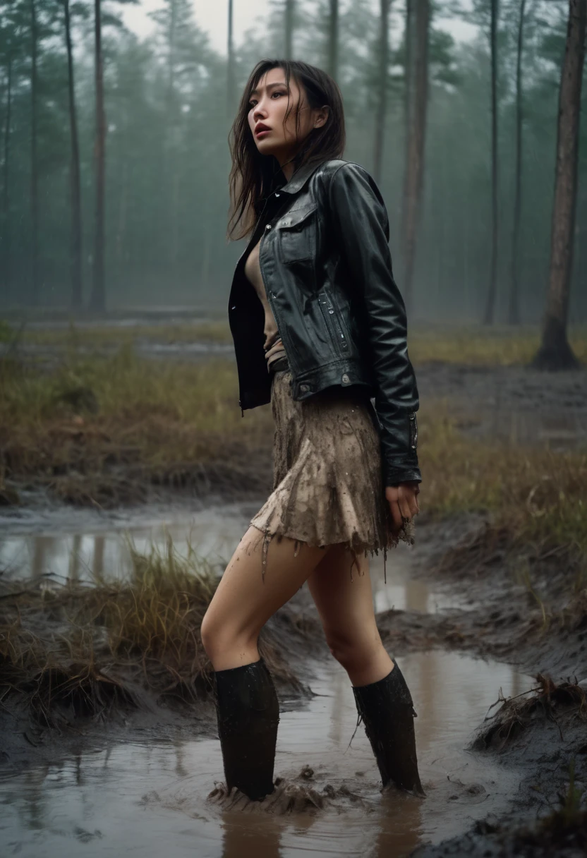 8k, ultra-detailed, documentary drama photo, grainy film photo, side view, close-up, masterpiece,muted colors, muffled light, dusk, rainy, moody, woman drowning in forest mud bog, shame expression, stockings, sexusl intercourse, mini-skirt, messy faded leather jacket, beautiful long brunette hair, depraved outfit,asian:0.5fetishistic makeup,