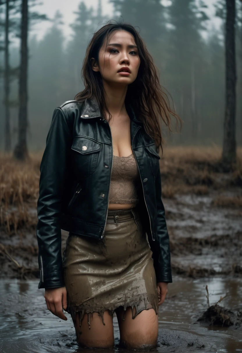 8k, ultra-detailed, documentary drama photo, grainy film photo, side view, close-up, masterpiece,muted colors, muffled light, dusk, rainy, moody, woman drowning in forest mud bog, shame expression, stockings, sexusl intercourse, mini-skirt, messy faded leather jacket, beautiful long brunette hair, depraved outfit,asian:0.5fetishistic makeup,