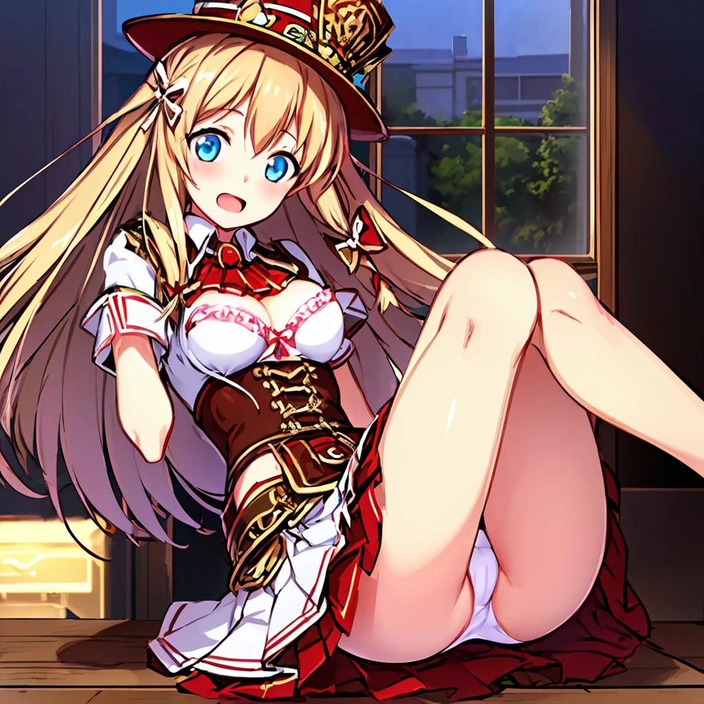 1girl, solo,
((8k, RAW photo, highest quality, masterpiece), High detail RAW color photo professional close-up photo, (realistic, photo realism:1. 37), (highest quality), (best shadow), (best illustration), very detailed face, Masterpiece, best quality, yukka uniform, Yukka Ende, (blush, embarrassed), red dirndle, red silk hat, woody bedroom, window, blue sky, daylight, red small hair bows, blue eyes, red skirt, realistic white panties, crotch seam, Cameltoe, open mouth, sitting on bed, , knees up, hugging legs