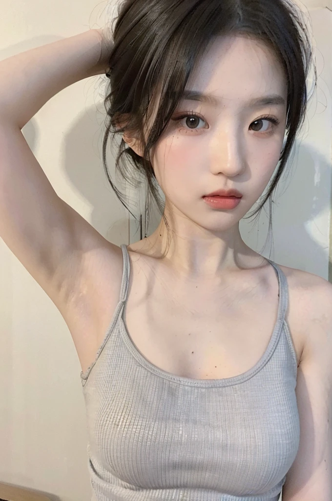 ((Best quality, 8k, Masterpiece :1.3)), 1girl, Pretty woman with emphasizing slender abs :1.3, (random hairstyles :1.2), Oversized tank top :1.2, Ultra-detailed face, Detailed eyes, Double eyelid, armpit