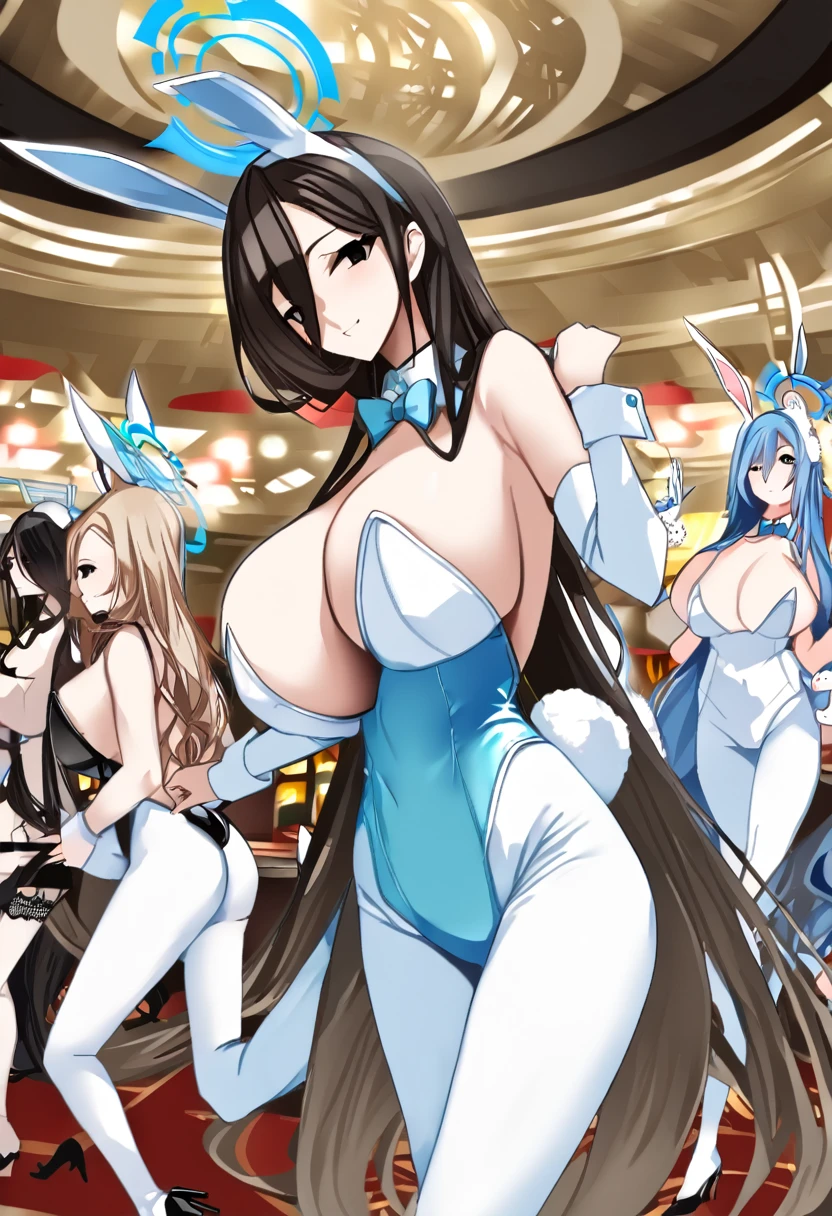 ((4girls))、bunny girl、white rabbit ears、wrist cuffs、black leotard、sagging breast、(milf、Mature Woman:1.3)、Black fishnet stockings、garter belt、blue_archive、(((Ichinose Asuna、Blonde、long hair、hair over one eye、Light blue bunny suit)))、(((Ganyu Ako、Light blue hair、Short Hair、Light blue eyes、Light blue bunny suit)))、(((Hasumi Hakawa、Black Hair、long hair、Black Eyes、White bunny suit)))、Halo、casino、casino、casinoテーブル、Black high heels