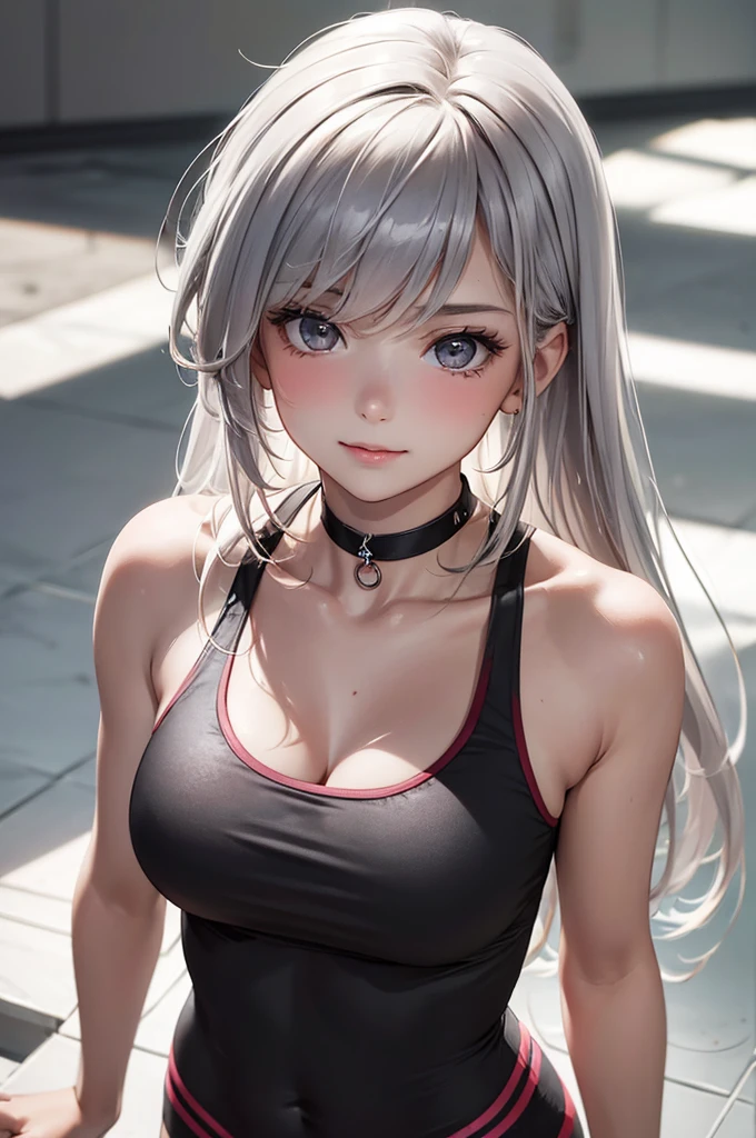 (Best Quality,High resolution,8K,finelity detailed background,Masterpiece:1.2),beautiful girl,Glossy romance gray hair,messy hair,Gray eyes,Gentle look,A refreshing look,Best quality,Best Quality,Aesthetic and aesthetic:1.2,Best details((Super detailed))(High-definition CG illustrations),Tank top,Training wear,Slender body,Training Gym,smile,blush,cute,Scrounge,Looking up,Being spoiled,super model,shoot from above