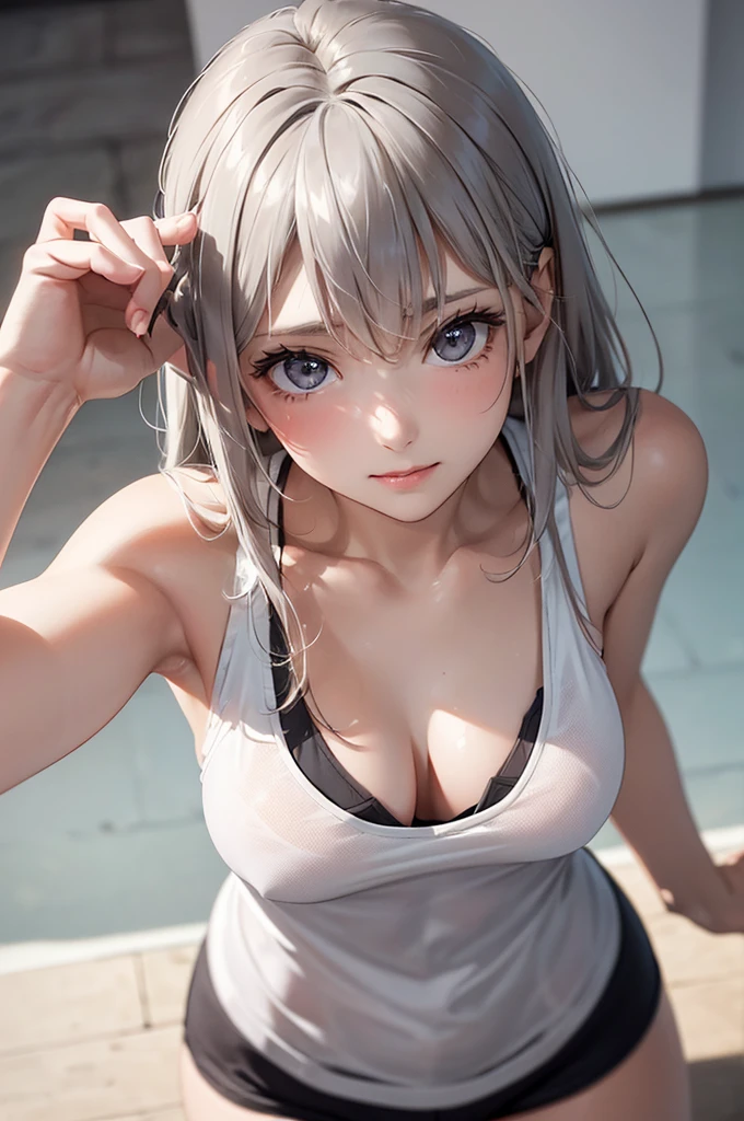 (Best Quality,High resolution,8K,finelity detailed background,Masterpiece:1.2),beautiful girl,Glossy romance gray hair,messy hair,Gray eyes,Gentle look,A refreshing look,Best quality,Best Quality,Aesthetic and aesthetic:1.2,Best details((Super detailed))(High-definition CG illustrations),Tank top,Training wear,Slender body,Training Gym,smile,blush,cute,Scrounge,Looking up,Being spoiled,super model,shoot from above