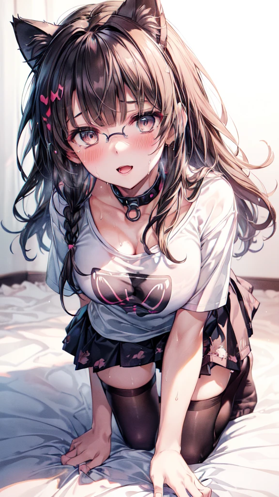 (Ultra-high resolution of the highest quality, masutepiece, Best Quality, 8K, Super Detail, Best Quality:1.3), (Anatomically correct:1.2), (1 girl:1.2), (junior high school student:1.6), (middle breasts:1.2), (drooping eyes:1.3), (blush cheek, blush body:1.3), (wavy hair, braid hair:1.2), (long hair:1.2), (black hair:1.2), (cat ear band:1.4), (glasses:1.3), (collar:1.3), (printed t-shirt, skirt:1.6), (girl's own room:1.4), front view, Extremely cute, (extremely detailed beautiful face), Authentic skin texture, beautiful hair, beautiful face, beautiful eyes, beautiful body, beautiful hands, (sexual aroused, naughty face, seductive smile, trance, orgasm:1.8), (steam:1.4), (sweat:1.6), (hair over eyes:1.3), (looking up:1.3), (open mouth:1.4), (face focus:1.6), cleavage breasts focus, (from above:1.4), (all fours:1.6)