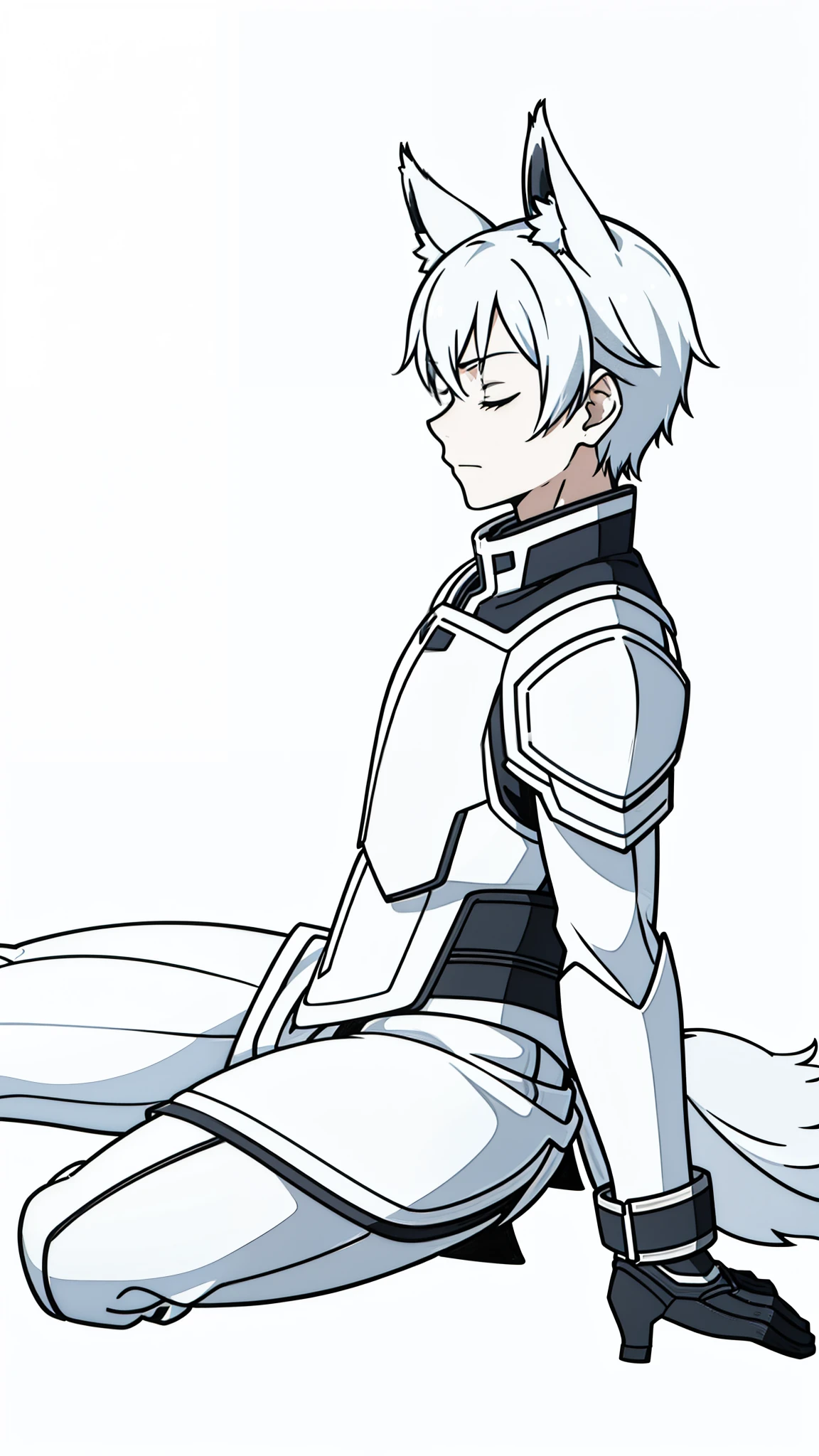 (1boy,15 years old),short hair,solo,white armor ,silver hair,fox ears,(white background,line drawing),serious,closed eyes,from side, sitting,full body, 