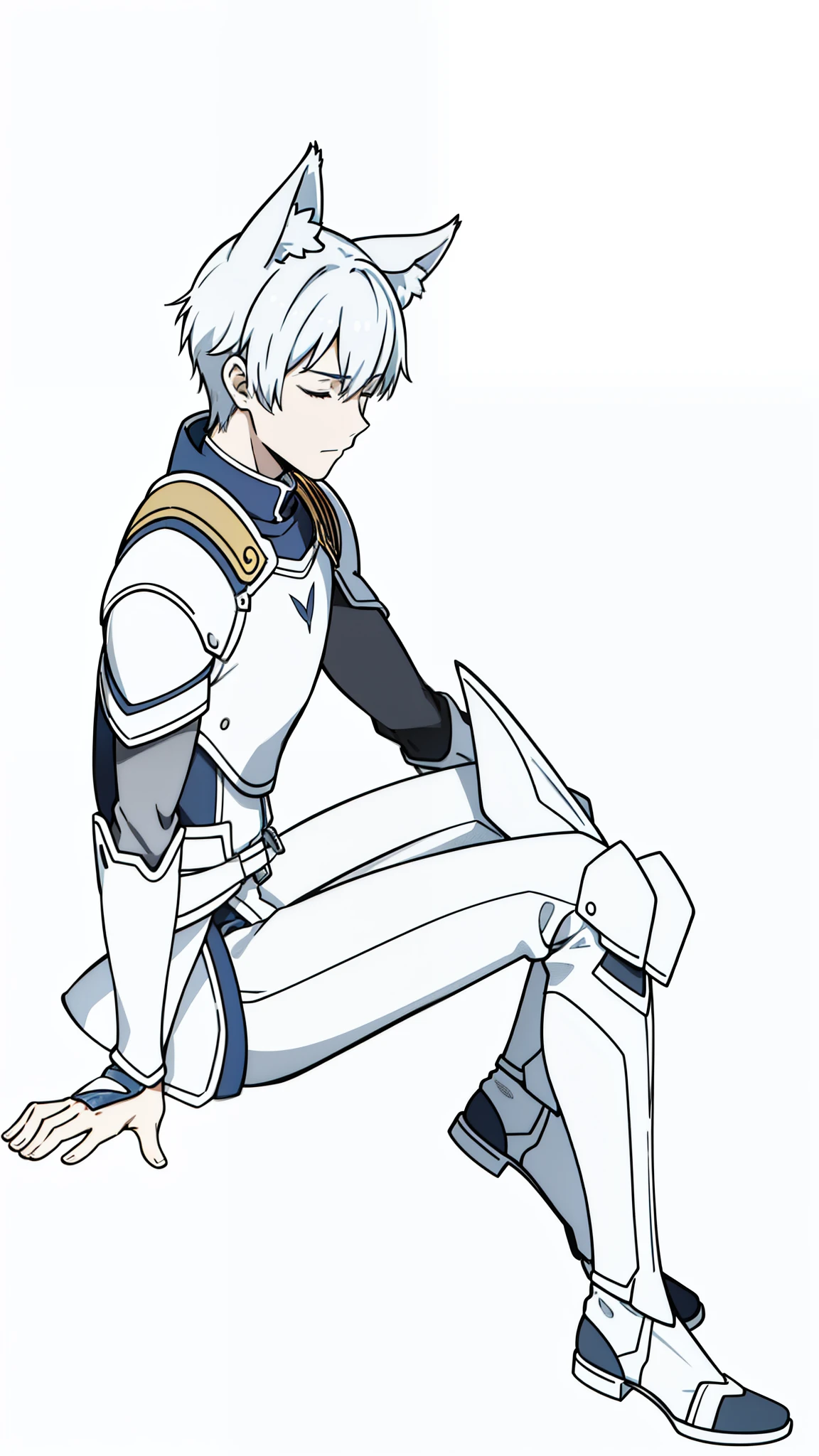 (1boy,),short hair,solo,white armor ,silver hair,fox ears,(white background,line drawing),serious,closed eyes,from side, sitting,full body,