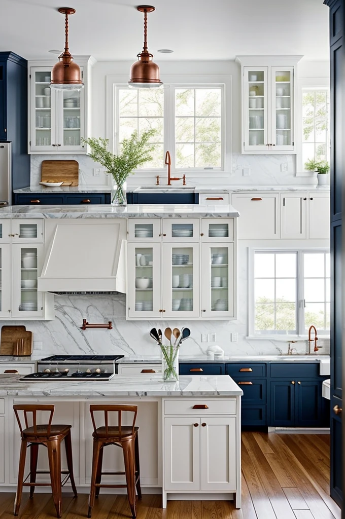 Recreate a kitchen with bright white cabinets that reach the ceiling, with some upper cabinets with glass doors. The island could have a dark wood base or a contrasting color, like navy blue, with a white marble countertop. on top of the island, three industrial style pendant lamps. A vintage clock on the wall and some exposed copper utensils.