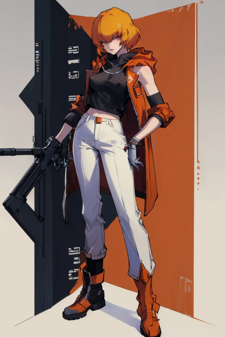 ((Highest quality)), ((masterpiece)), (be familiar with),Clementine,Overload,Sleeveless hoodie,Black Shirt,White pants,Alluring,whole body,boots,coat,Erect nipples, cyber punk,sf