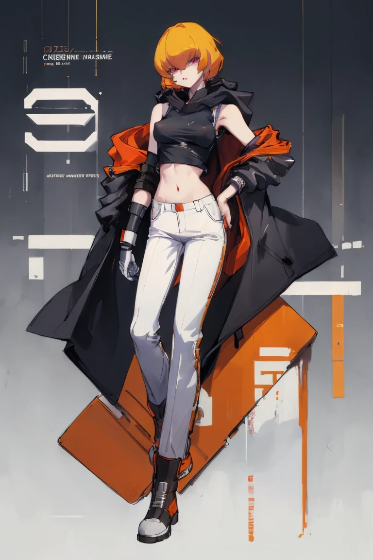 ((Highest quality)), ((masterpiece)), (be familiar with),Clementine,Overload,Sleeveless hoodie,Black Shirt,White pants,Alluring,whole body,boots,coat,Erect nipples, cyber punk,sf