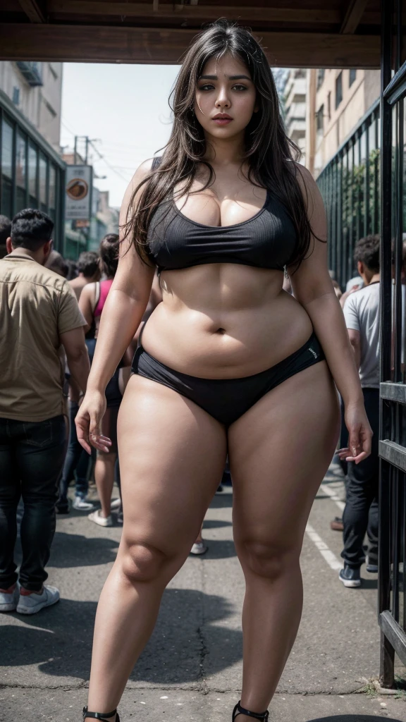 Thick , Curvy,fair beautiful indian girl in black designer underwear surrounded by male crowd , male crowd in the background, jail, thick thighs, round navel showing , in a jail , plumb, erotic , full body shoy