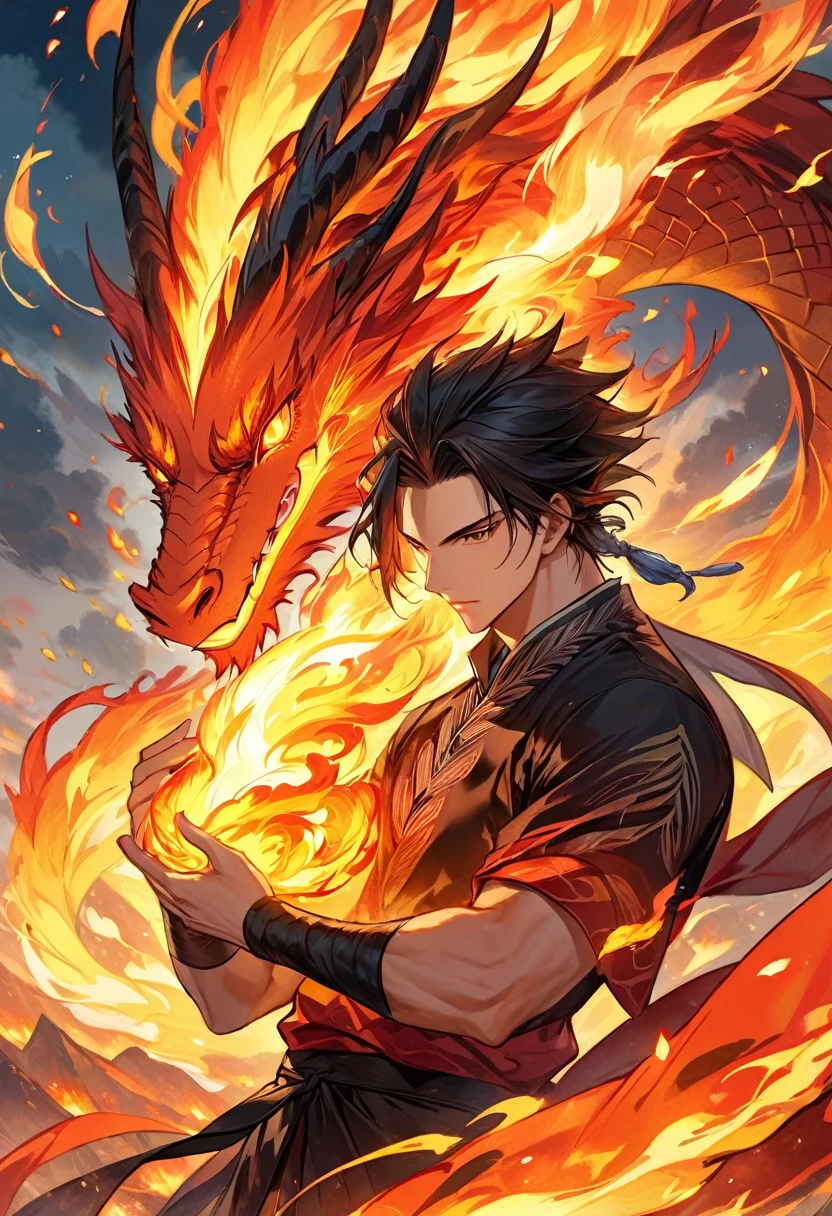 (Best quality,masterpiece),(extremely detailed:1.2),(perfect face:1.3),a handsome man surrounded with an eastern fire dragon,handsome guy in demon slayer art,high quality anime illustration,human and dragon fusion, anime fantasy illustration, anime in fantasy style, (giant fire dragon:1.2), (man with the soul of a dragon),god of dragon,(fire mage),(hands holding fire:1.4),epic anime fantasy, anime fantasy artwork