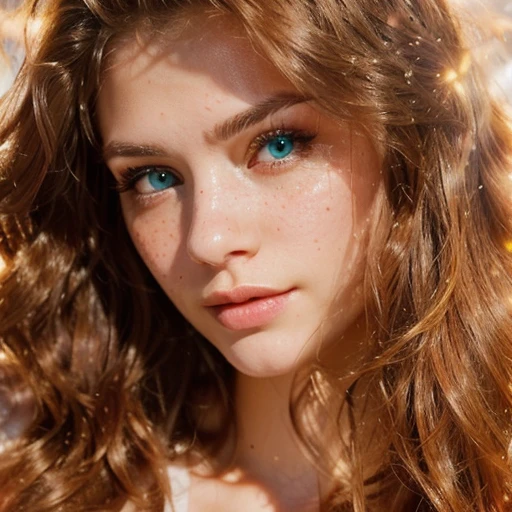 Gorgeous woman with blue eyes posing for a picture,Create a hyper-realistic image of a woman with long wavy blonde hair that cascades over her face, highlighting one eye. Her eye should be a vivid green, clear and piercing, with an intense and focused gaze. The skin should be fair with a natural abundance of freckles across the nose and cheeks, and her lips should have a soft pink color, with a gentle and subtle expression. The image should be a close-up portrait that captures the fine details of her freckles and the individual eyelashes, with a shallow depth of field that blurs the background. The lighting should accentuate the texture of her hair and the sparkle in her eye,