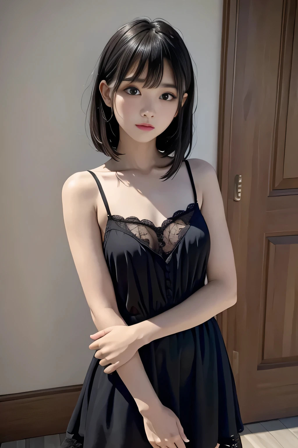 masterpiece, Highest quality, (Dark Photos:1.3), Realistic, One girl wearing a lace camisole, Flat bangs, A beautiful innocent symmetrical face, Emotional, Ulzzang, (Purelos Face_v1:0.7)