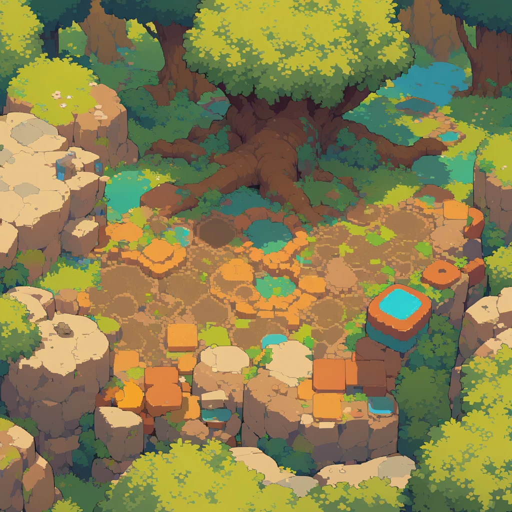 retro video game style,pixelated, vibrant pastel colors,8-bit characters,blocky shapes,sharp lines,detailed shading,classic gaming vibe,nostalgic atmosphere,classic arcade games,masterpiece:1.2,ultra-detailed,illustration style, 2d texture, clay texture, stone texture, 4 k seamless mud texture, video game texture, dirt texture, tileset, game tiles, clay material, flat texture, grass, trees, rock texture, rocky ground, forest, topdown view, game texture, game art, ground very detailed, dirt, floor texture, tileable texture, flowers, bushes, shrubs, intricate ground stone, top down view, 3/4th perspective
