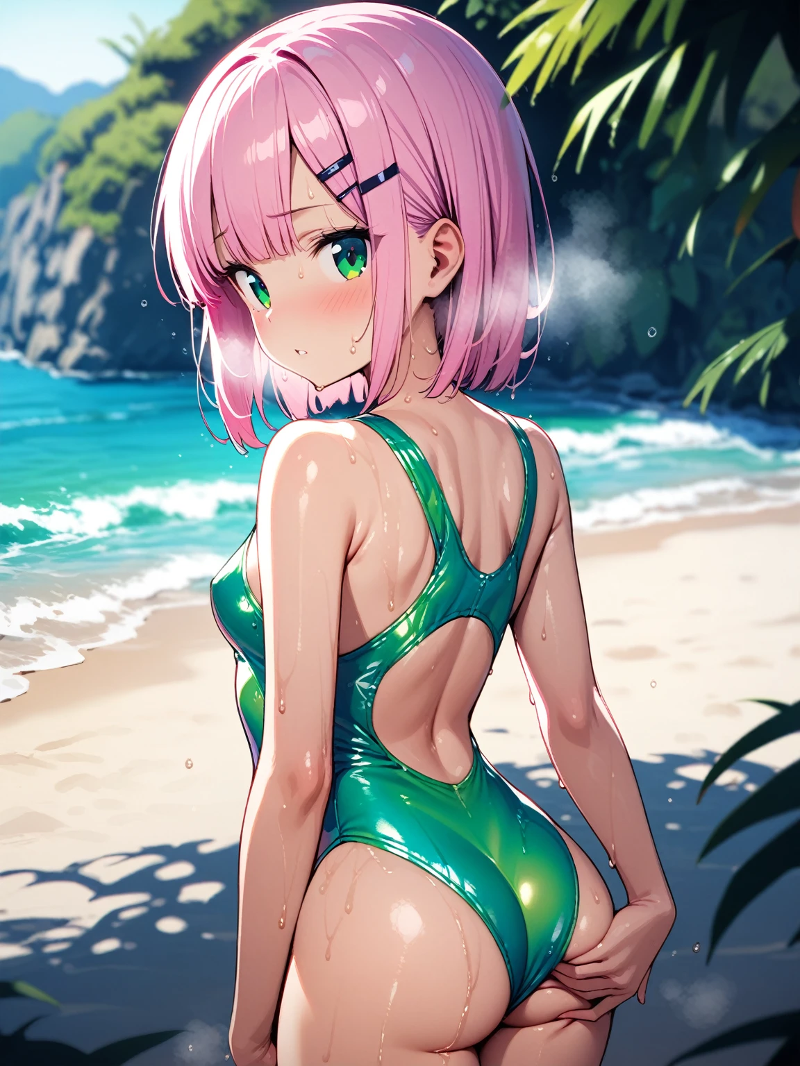 (nsfw,)(((chiyoda momo,pink hair,green eyes,hairclip,hair ornament))),((solo girl)),((Perfect body,))((Super beautiful,))((High quality,))((Heavy breathing,sweat, Sweaty and wet all over,)),backlit,shiny glossy,small breast, Looking at Viewer,((Beach side,sexual swimsuit, cowboy shot,)),shyly,nipple,After sunburn,((Turning your back to me, sticking out your butt,))