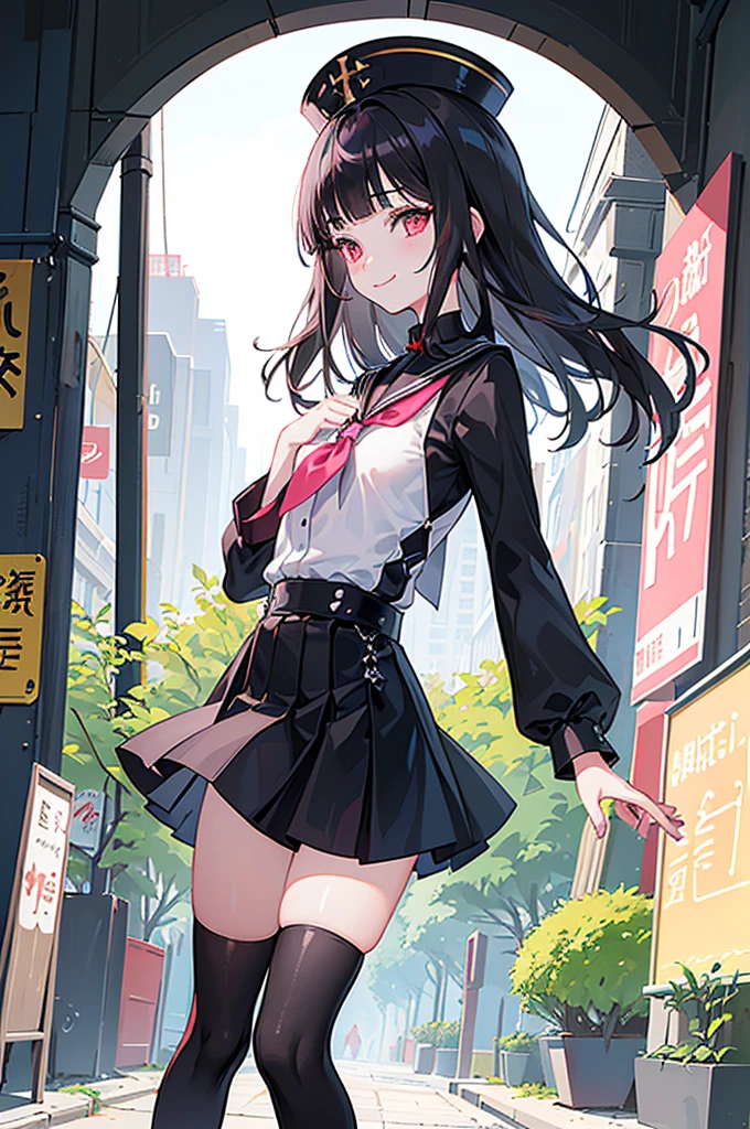 ((city background)),original,(illustration:1.1),(best quality),(masterpiece:1.1),(extremely detailed CG unity 8k wallpaper:1.1), (colorful:0.9),(mid shot:0.95),(highly detailed beautiful face and body),(solo:1.2), (girl),(), (detailed beautiful eyes:1.15), (beautiful face:1.15), (glowing red eyes:1.25////),((jewel-like eyes)),(petite),(cute girl),(((black medium hair))),pink inner color,((blunt bangs,)),(+perfect hand+:1.21),(Religious),(slender),(black clothes),small breasts,miniskirt,slim body,(smile),fashion,tokyo,harajuku,(black school uniform),