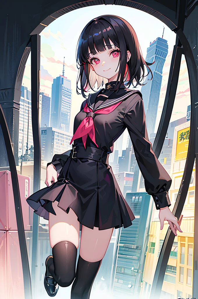 ((city background)),original,(illustration:1.1),(best quality),(masterpiece:1.1),(extremely detailed CG unity 8k wallpaper:1.1), (colorful:0.9),(mid shot:0.95),(highly detailed beautiful face and body),(solo:1.2), (girl),(loli), (detailed beautiful eyes:1.15), (beautiful face:1.15), (glowing red eyes:1.25////),((jewel-like eyes)),(petite),(cute girl),(((black medium hair))),pink inner color,((blunt bangs,)),(+perfect hand+:1.21),(Religious),(slender),(black clothes),small breasts,miniskirt,slim body,(smile),fashion,tokyo,harajuku,(black school uniform),