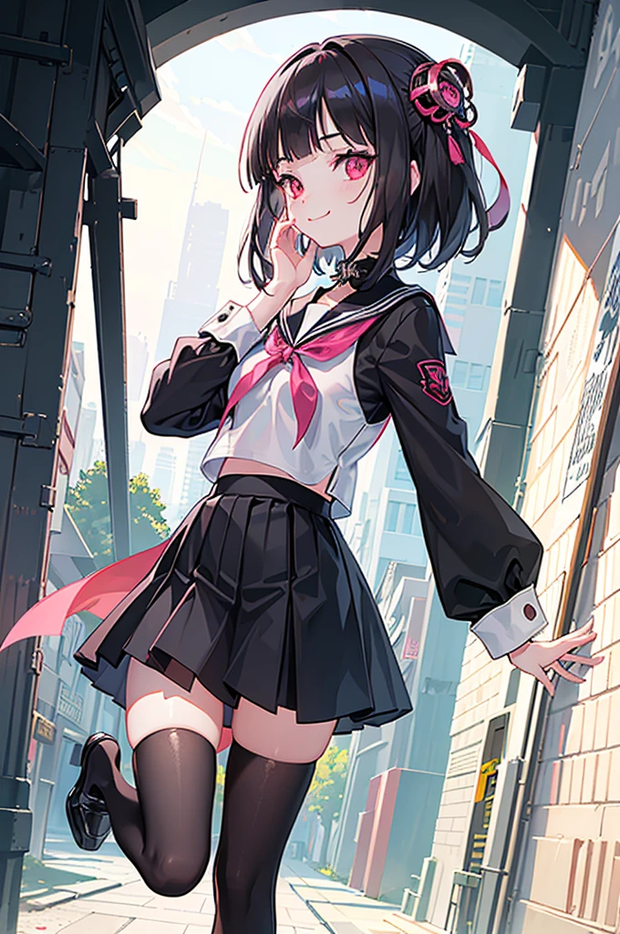 ((city background)),original,(illustration:1.1),(best quality),(masterpiece:1.1),(extremely detailed CG unity 8k wallpaper:1.1), (colorful:0.9),(mid shot:0.95),(highly detailed beautiful face and body),(solo:1.2), (girl),(loli), (detailed beautiful eyes:1.15), (beautiful face:1.15), (glowing red eyes:1.25////),((jewel-like eyes)),(petite),(cute girl),(((black medium hair))),pink inner color,((blunt bangs,)),(+perfect hand+:1.21),(Religious),(slender),(black clothes),small breasts,miniskirt,slim body,(smile),fashion,tokyo,harajuku,(black school uniform),