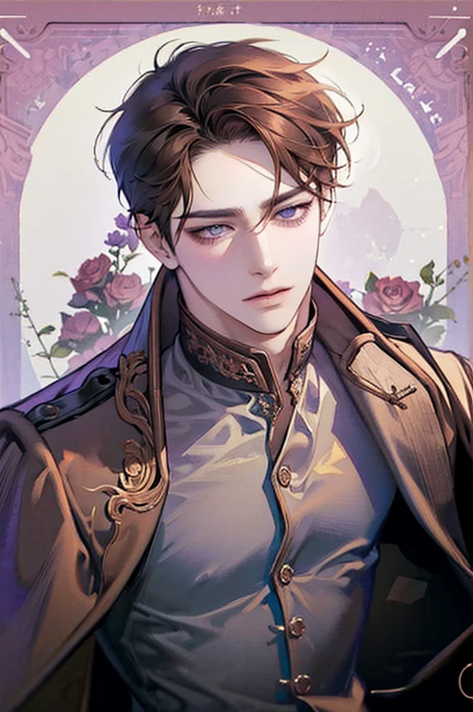 mature boy, Brown hair, Purples, ((Perfect eyes)), shirt, bad look, closed posture